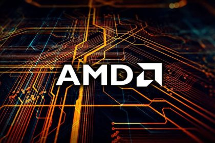 AMD logo displayed over a digital circuit board background.