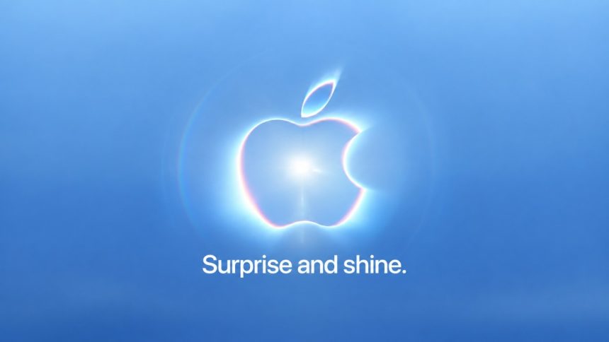 Apple logo glowing on a blue background with Surprise and shine message