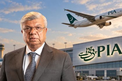 Arif Habib pictured with the PIA logo and a Pakistan International Airlines aircraft.