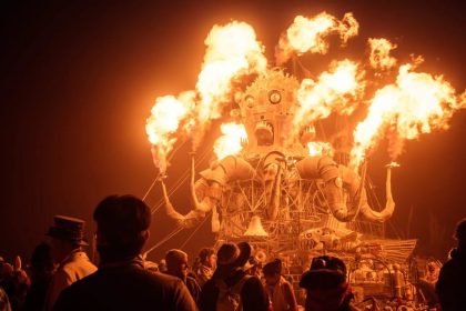 Burning Man wooden effigy in flames in Nevada’s Black Rock Desert