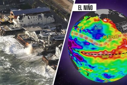 El Niño climate map alongside waves hitting a coastal community