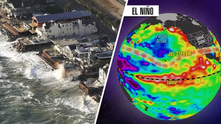 El Niño climate map alongside waves hitting a coastal community
