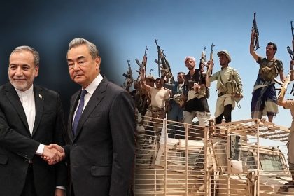 Iranian and Chinese foreign ministers with Houthi fighters.