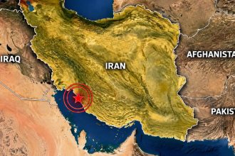 Map showing Iran and neighboring countries, with a marked location along Iran’s southwestern coast.