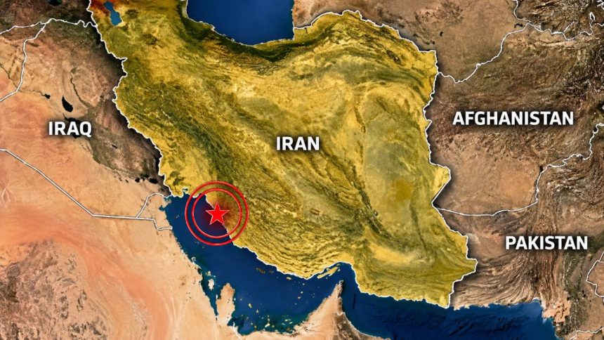 Map showing Iran and neighboring countries, with a marked location along Iran’s southwestern coast.