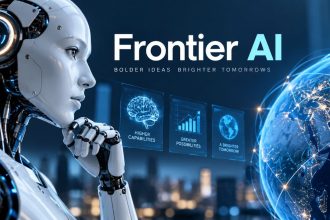 Frontier AI concept with a humanoid robot and connected digital globe.
