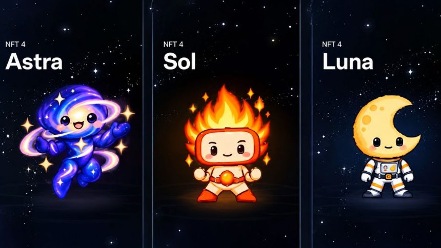GPT-6 Astra, Sol and Luna characters against a star-filled space background