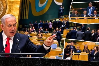 Benjamin Netanyahu addressing the UN General Assembly during a delegate walkout