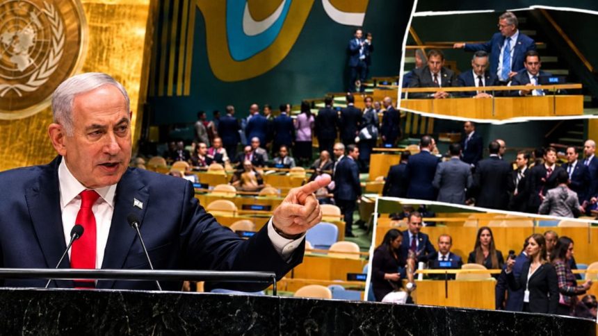 Benjamin Netanyahu addressing the UN General Assembly during a delegate walkout