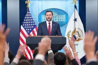 Vice President JD Vance answers questions from reporters at a White House press briefing