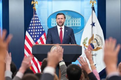 Vice President JD Vance answers questions from reporters at a White House press briefing