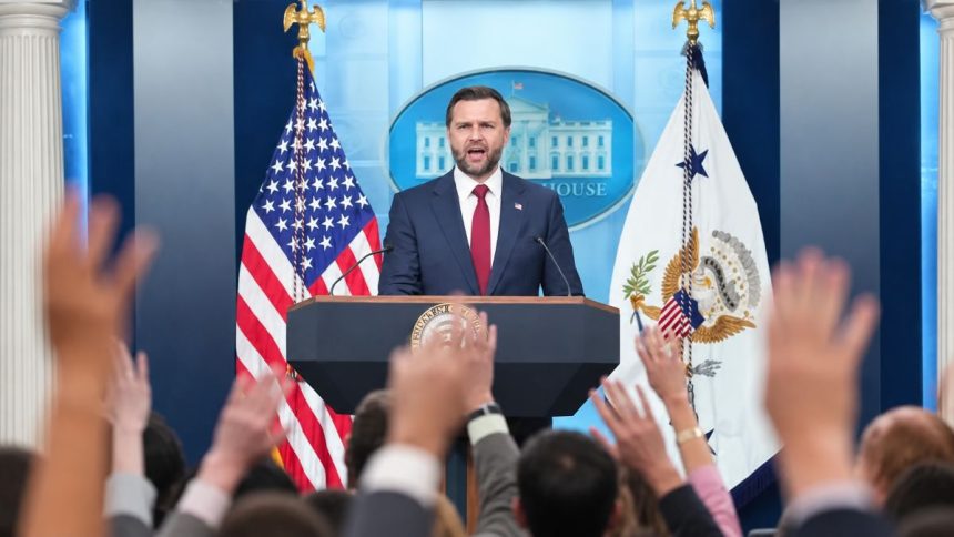 Vice President JD Vance answers questions from reporters at a White House press briefing