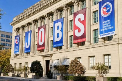 US jobs banners displayed outside a government building