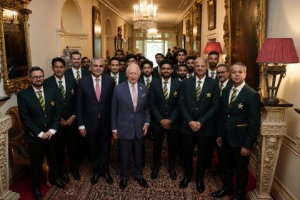 King Charles with the Pakistan National Cricket Team at Clarence House.