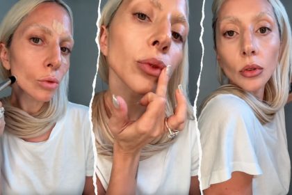 Lady Gaga demonstrating her makeup routine with concealer, contour and lip liner.