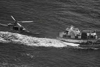 US military helicopter follows vessel in the Eastern Pacific.