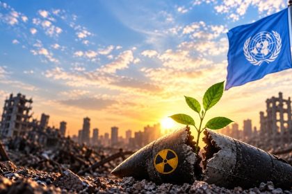UN flag and damaged nuclear weapon with a growing plant