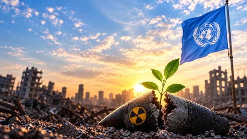 UN flag and damaged nuclear weapon with a growing plant