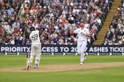 Josh Tongue celebrates after bowling out Saud Shakeel at Edgbaston