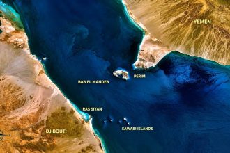 Satellite map of the Bab el-Mandeb Strait between Yemen and Djibouti.