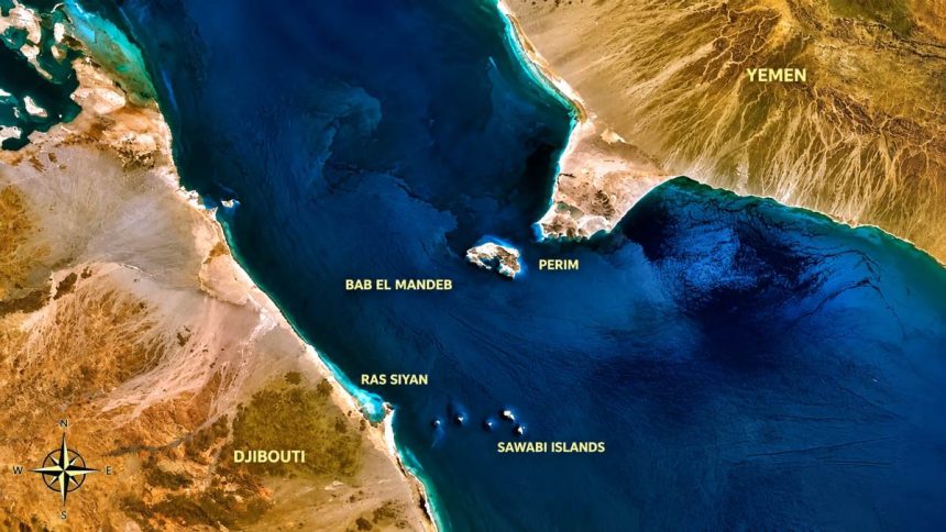 Satellite map of the Bab el-Mandeb Strait between Yemen and Djibouti.