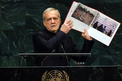 Iranian President Masoud Pezeshkian speaking at the 81st UN General Assembly