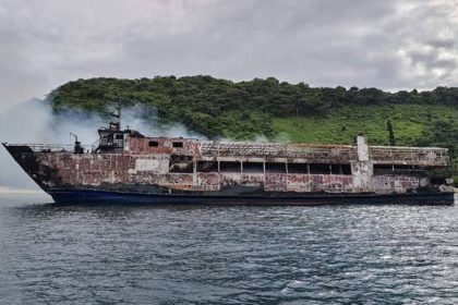 M/V June Aster ferry aground in Palawan after a fire.