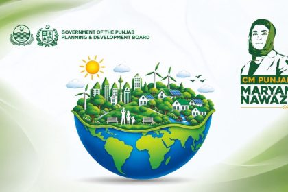 Punjab government climate change initiative featuring Maryam Nawaz and a sustainable green city.