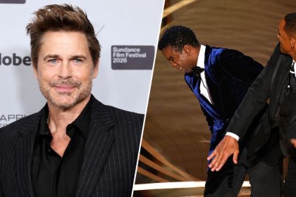 Actor Rob Lowe alongside a photo of Will Smith and Chris Rock at the Oscars.