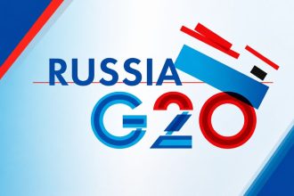 Russia G20 logo displayed in a blue, red and white graphic design.