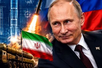 A composite image depicts Vladimir Putin alongside Iranian and Russian imagery, a missile launch and military hardware, highlighting reported Russia-Iran military ties.
