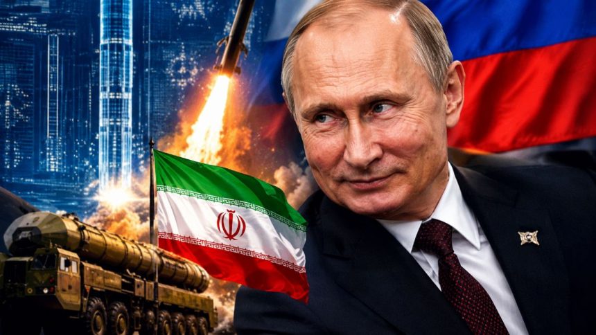 A composite image depicts Vladimir Putin alongside Iranian and Russian imagery, a missile launch and military hardware, highlighting reported Russia-Iran military ties.