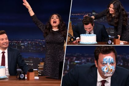Salma Hayek and Jimmy Fallon on The Tonight Show.