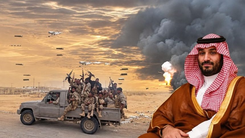 Mohammed bin Salman and Houthi fighters amid the Yemen conflict.