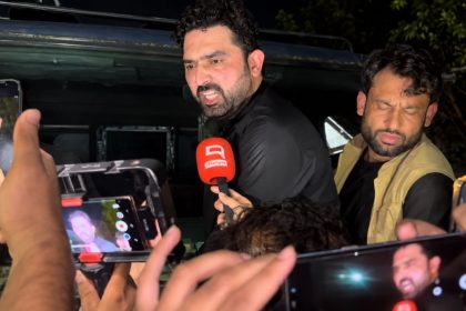 Khyber Pakhtunkhwa Chief Minister Sohail Afridi speaking to reporters.