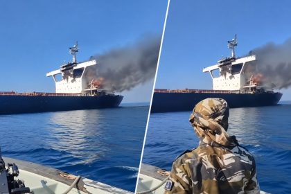 Cargo vessel on fire after an unknown projectile strike in the Strait of Hormuz