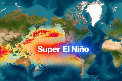Map showing a Super El Niño climate pattern across the Pacific Ocean
