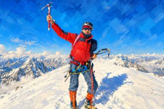 Pakistani mountaineer Syed Ali Shah stands on a snow-covered mountain summit.
