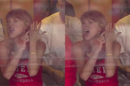 Taylor Swift points to her wedding ring after Travis Kelce scores for the Chiefs