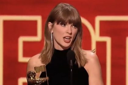 Taylor Swift speaking onstage at the 2026 MTV Video Music Awards.
