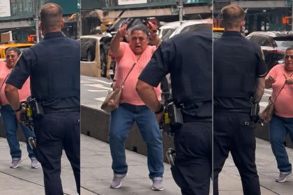 NYPD officers respond after a woman allegedly stabs two people in Times Square.