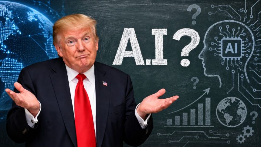 Donald Trump with an AI-themed infographic and A.I. question mark.
