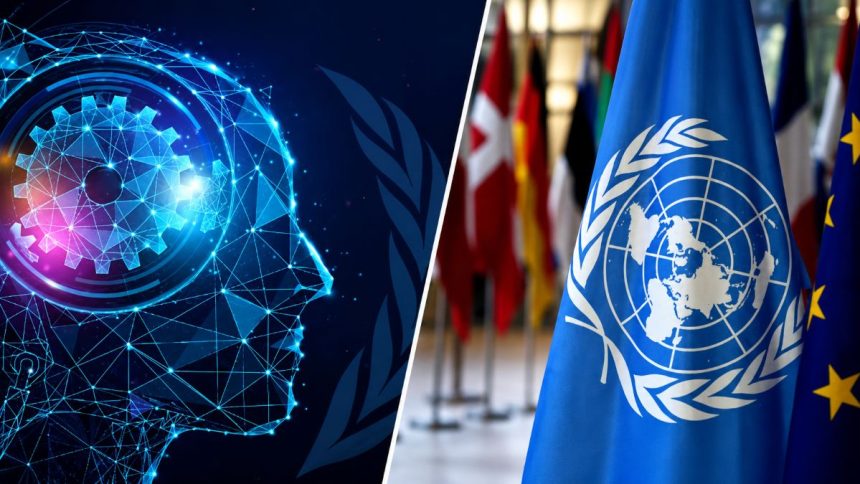 Artificial intelligence and United Nations imagery featured in a global technology and governance-themed editorial collage.