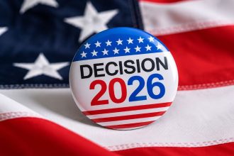 Decision 2026 button displayed on an American flag