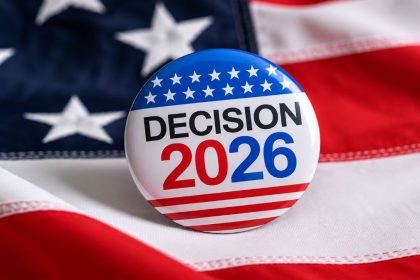 Decision 2026 button displayed on an American flag