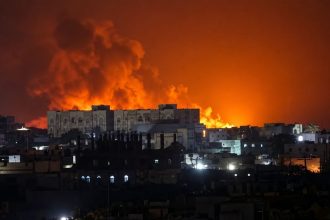 Nighttime scene of Royal Saudi Air Force airstrikes in Mokha, Yemen.