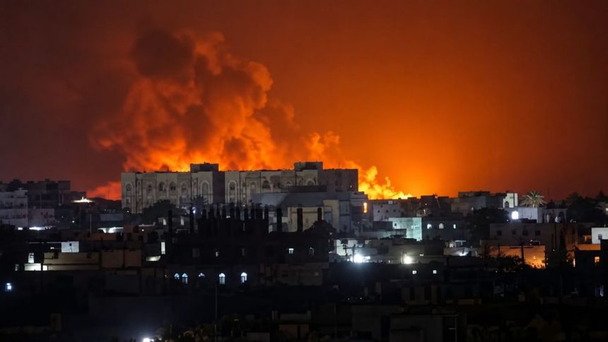 Nighttime scene of Royal Saudi Air Force airstrikes in Mokha, Yemen.