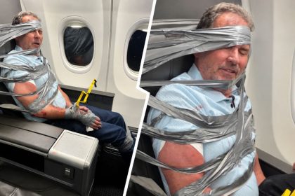 Layne Arthur Lundeen, 67, restrained with duct tape on an American Airlines flight.