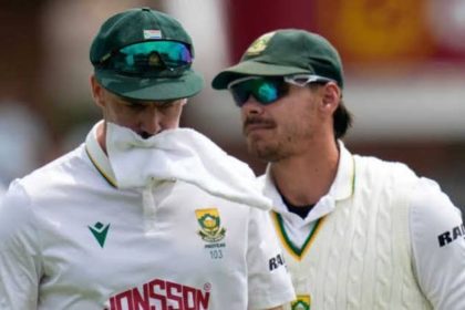 South African fast bowler Anrich Nortje walks off the field after leaving the attack during the fourth over of the first session on day four. Image: Associated Press.
