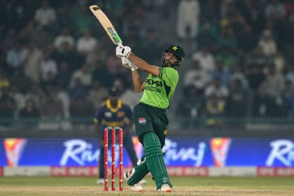 Arafat Minhas hits a shot in Pakistan's ODI Tri-Series final against Sri Lanka in Lahore.